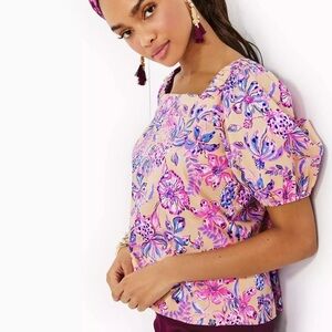 Lilly Pulitzer Pink and Purple Puff Sleeve Embellished Blouse Size 2 NWT